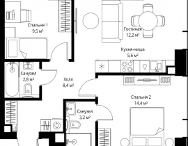 2-комнатная квартира, 56.1 м2 , 15 этаж, ул. Верейская, 29/35 - фото 1