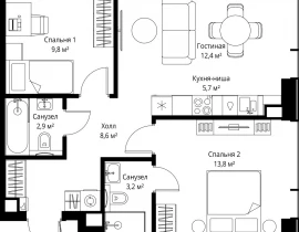 2-комнатная квартира, 56.4 м2 , 39 этаж, ул. Верейская, 29/35 - фото 1