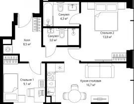 2-комнатная квартира, 55.4 м2 , 42 этаж, ул. Верейская, 29/35 - фото 1