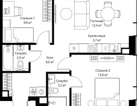 2-комнатная квартира, 56.4 м2 , 45 этаж, ул. Верейская, 29/35 - фото 1