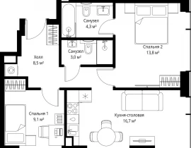 2-комнатная квартира, 55.4 м2 , 45 этаж, ул. Верейская, 29/35 - фото 1