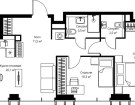 2-комнатная квартира, 63.7 м2 , 54 этаж, ул. Верейская, 29/35 - фото 1