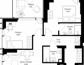 2-комнатная квартира, 66.9 м2 , 38 этаж, ул. Верейская, 29/35 - фото 1