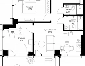 2-комнатная квартира, 61 м2 , 38 этаж, ул. Верейская, 29/35 - фото 1