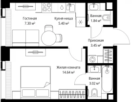 1-комнатная квартира, 35.65 м2 , 18 этаж, ул. Верейская, 29/42 - фото 1