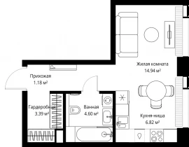 1-комнатная квартира, 30.93 м2 , 27 этаж, ул. Верейская, 29/42 - фото 1