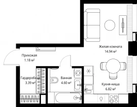 1-комнатная квартира, 30.93 м2 , 30 этаж, ул. Верейская, 29/42 - фото 1