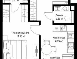 1-комнатная квартира, 43.41 м2 , 30 этаж, ул. Верейская, 29/42 - фото 1
