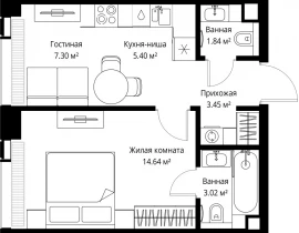 1-комнатная квартира, 35.65 м2 , 30 этаж, ул. Верейская, 29/42 - фото 1