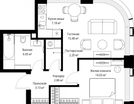 1-комнатная квартира, 51.53 м2 , 3 этаж, ул. Верейская, 29/42 - фото 1