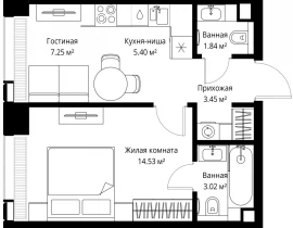 1-комнатная квартира, 35.49 м2 , 3 этаж, ул. Верейская, 29/42 - фото 1