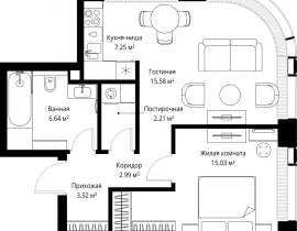 1-комнатная квартира, 53.22 м2 , 9 этаж, ул. Верейская, 29/42 - фото 1