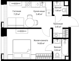 1-комнатная квартира, 35.6 м2 , 9 этаж, ул. Верейская, 29/42 - фото 1