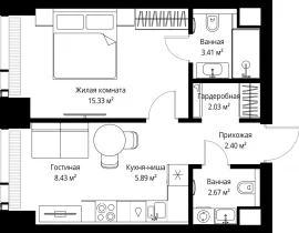 1-комнатная квартира, 40.16 м2 , 15 этаж, ул. Верейская, 29/42 - фото 1