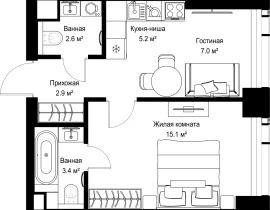 1-комнатная квартира, 36.15 м2 , 21 этаж, ул. Верейская, 29/42 - фото 1