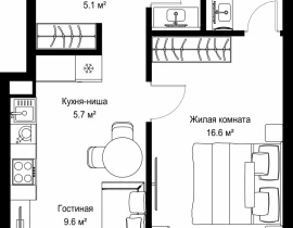 1-комнатная квартира, 43.37 м2 , 21 этаж, ул. Верейская, 29/42 - фото 1