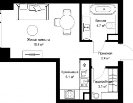 1-комнатная квартира, 30.68 м2 , 24 этаж, ул. Верейская, 29/42 - фото 1