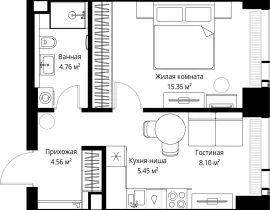1-комнатная квартира, 38.22 м2 , 24 этаж, ул. Верейская, 29/42 - фото 1