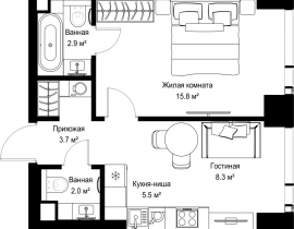 1-комнатная квартира, 38.12 м2 , 24 этаж, ул. Верейская, 29/42 - фото 1