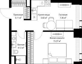 1-комнатная квартира, 37.56 м2 , 26 этаж, ул. Верейская, 29/42 - фото 1