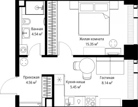 1-комнатная квартира, 38.04 м2 , 29 этаж, ул. Верейская, 29/42 - фото 1