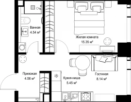 1-комнатная квартира, 38.04 м2 , 29 этаж, ул. Верейская, 29/42 - фото 1