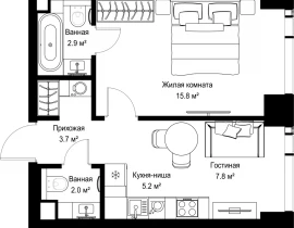 1-комнатная квартира, 37.27 м2 , 29 этаж, ул. Верейская, 29/42 - фото 1
