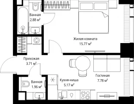 1-комнатная квартира, 37.27 м2 , 29 этаж, ул. Верейская, 29/42 - фото 1