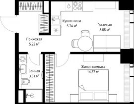 1-комнатная квартира, 37.22 м2 , 31 этаж, ул. Верейская, 29/42 - фото 1