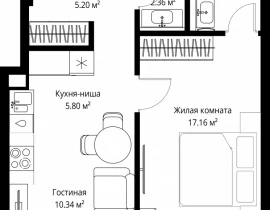 1-комнатная квартира, 45.03 м2 , 33 этаж, ул. Верейская, 29/42 - фото 1