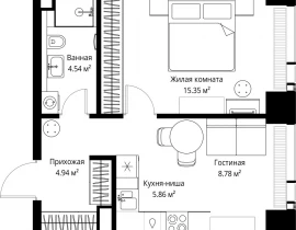 1-комнатная квартира, 39.47 м2 , 38 этаж, ул. Верейская, 29/42 - фото 1