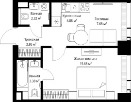 1-комнатная квартира, 36.8 м2 , 38 этаж, ул. Верейская, 29/42 - фото 1