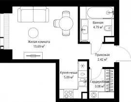 1-комнатная квартира, 31.07 м2 , 41 этаж, ул. Верейская, 29/42 - фото 1