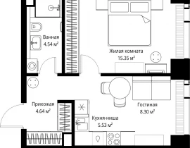 1-комнатная квартира, 38.36 м2 , 41 этаж, ул. Верейская, 29/42 - фото 1