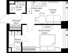 1-комнатная квартира, 36.8 м2 , 43 этаж, ул. Верейская, 29/42 - фото 1