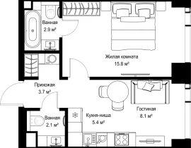 1-комнатная квартира, 38.01 м2 , 43 этаж, ул. Верейская, 29/42 - фото 1