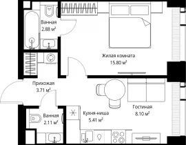 1-комнатная квартира, 38.01 м2 , 43 этаж, ул. Верейская, 29/42 - фото 1