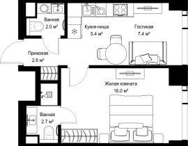 1-комнатная квартира, 35.97 м2 , 43 этаж, ул. Верейская, 29/42 - фото 1