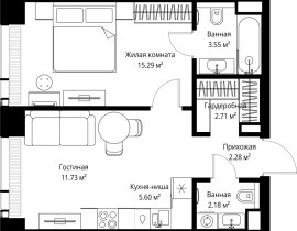 1-комнатная квартира, 43.34 м2 , 45 этаж, ул. Верейская, 29/42 - фото 1