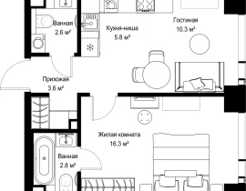 1-комнатная квартира, 41.31 м2 , 46 этаж, ул. Верейская, 29/42 - фото 1