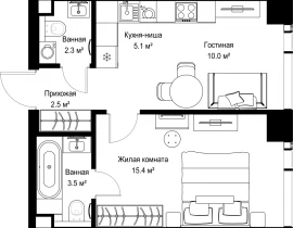 1-комнатная квартира, 38.8 м2 , 49 этаж, ул. Верейская, 29/42 - фото 1