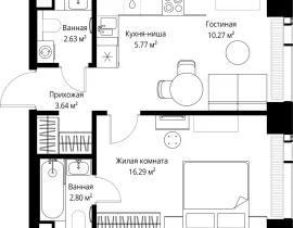 1-комнатная квартира, 41.4 м2 , 49 этаж, ул. Верейская, 29/42 - фото 1