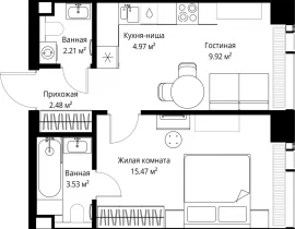 1-комнатная квартира, 38.58 м2 , 55 этаж, ул. Верейская, 29/42 - фото 1