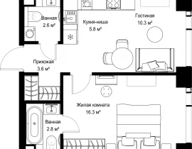1-комнатная квартира, 41.49 м2 , 55 этаж, ул. Верейская, 29/42 - фото 1