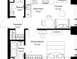 1-комнатная квартира, 41.49 м2 , 58 этаж, ул. Верейская, 29/42 - фото 1
