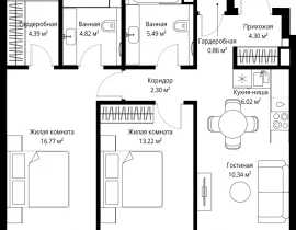 2-комнатная квартира, 68.51 м2 , 58 этаж, ул. Верейская, 29/42 - фото 1