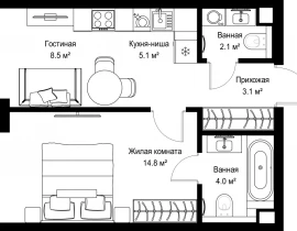 1-комнатная квартира, 37.58 м2 , 64 этаж, ул. Верейская, 29/42 - фото 1