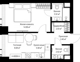 1-комнатная квартира, 38.81 м2 , 9 этаж, ул. Верейская, 29/42 - фото 1