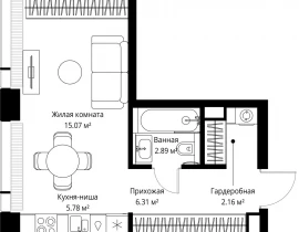 1-комнатная квартира, 32.21 м2 , 21 этаж, ул. Верейская, 29/42 - фото 1