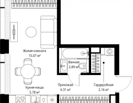 1-комнатная квартира, 32.21 м2 , 24 этаж, ул. Верейская, 29/42 - фото 1